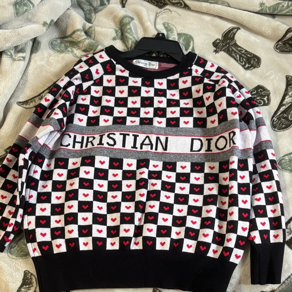 Dior Black, White, and Red Heart Checkered Sweater